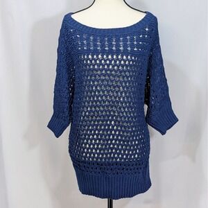 White House Black Market Open Knit Sweater Womens XL Blue New Metallic Crochet